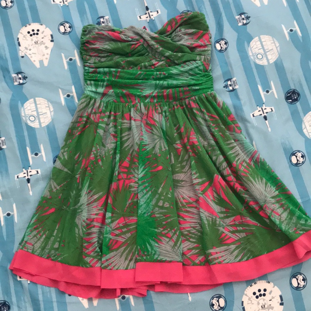 Juicy Couture Green Tropical Print Mini Dress with Pink Trim